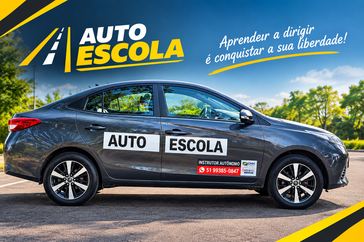 Carro de aula do Instrutor Nelson com adesivo Auto Escola. 13 anos ensinando a dirigir em Cachoeirinha